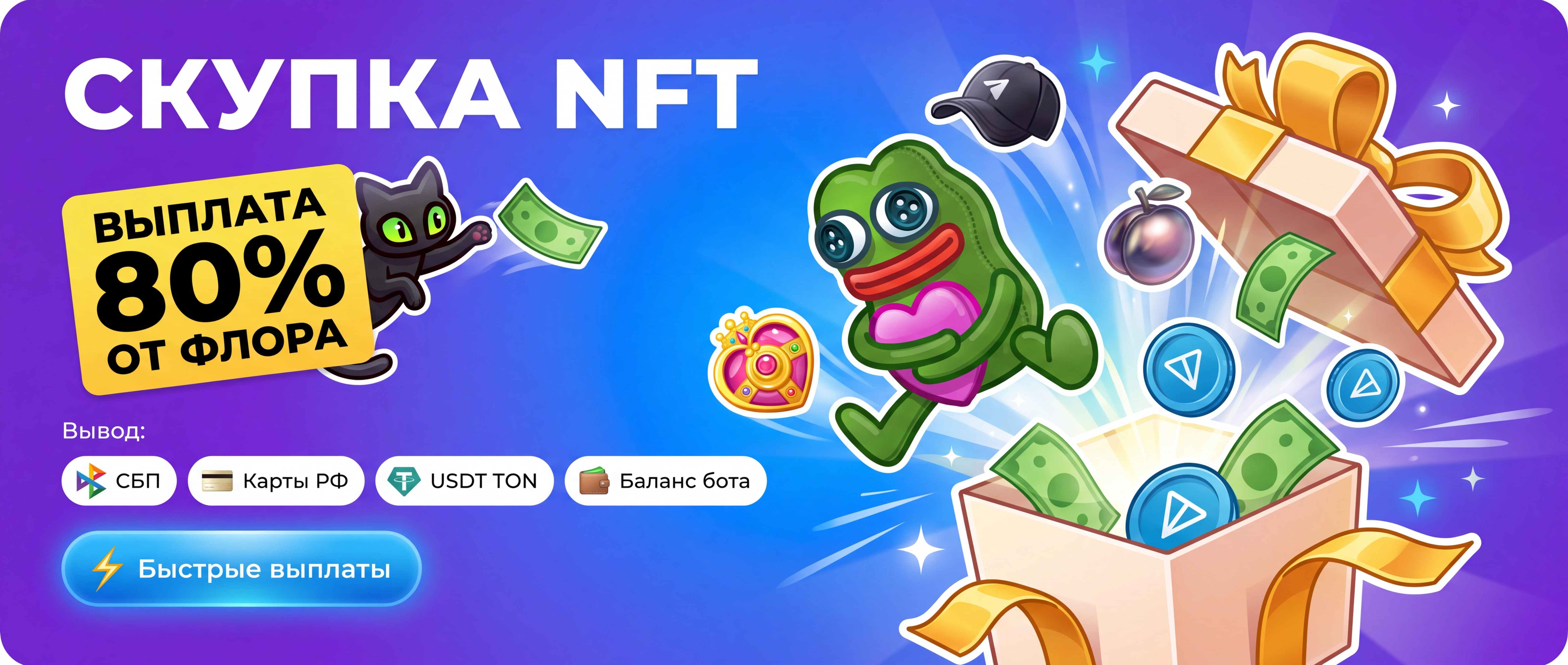 Скупка NFT: выплата 80% от флора. СБП, карты РФ, USDT TON и баланс бота